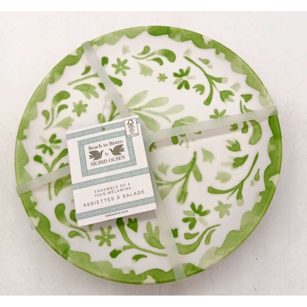 Sigrid Olsen Beach to Bistro Set of 4 Melamine Salad Plates Green/White Floral